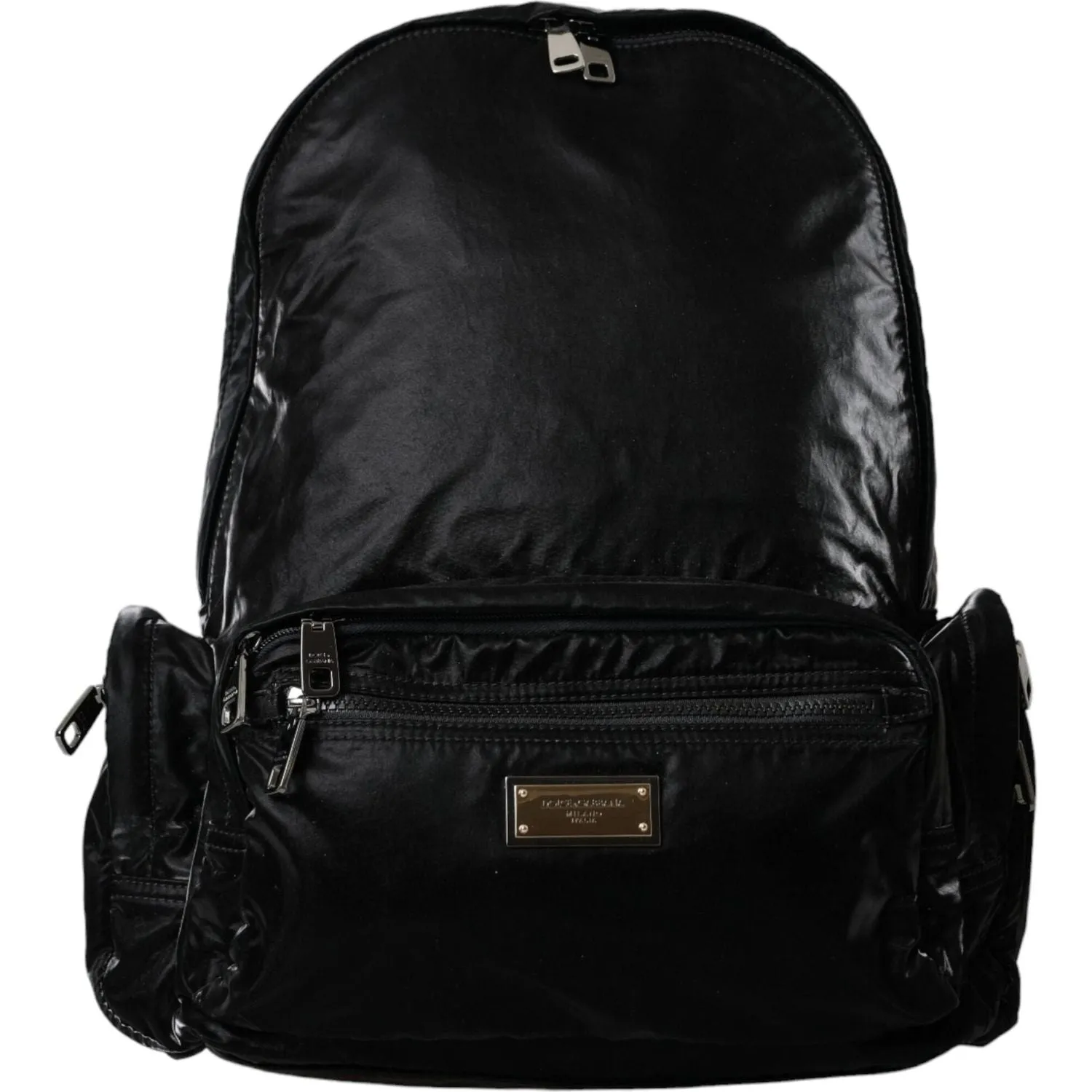 Dolce & Gabbana Black Patent Leather Logo Plaque Backpack Bag