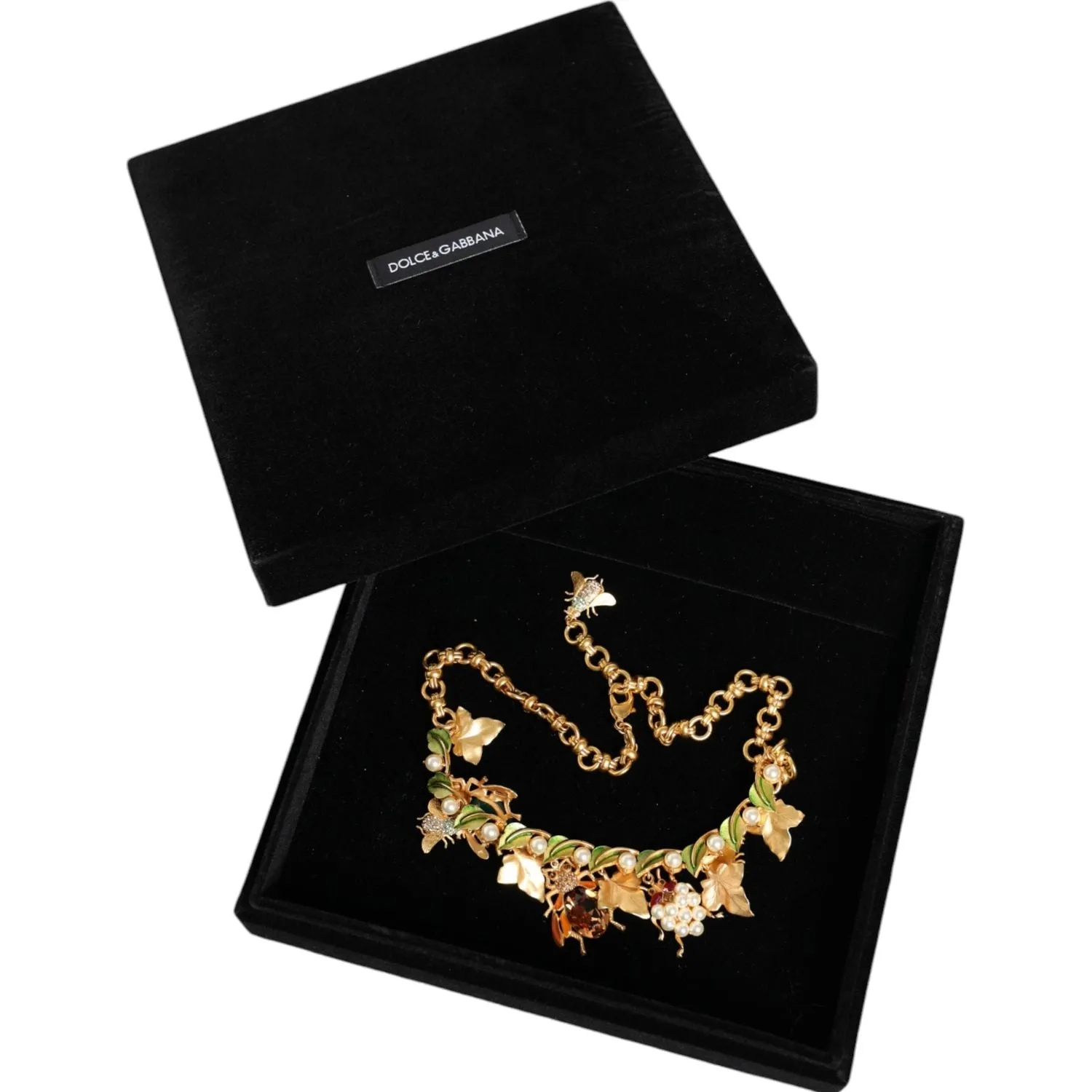 Dolce & Gabbana Gold Brass Crystal Bug Charm Pendant Statement Necklace