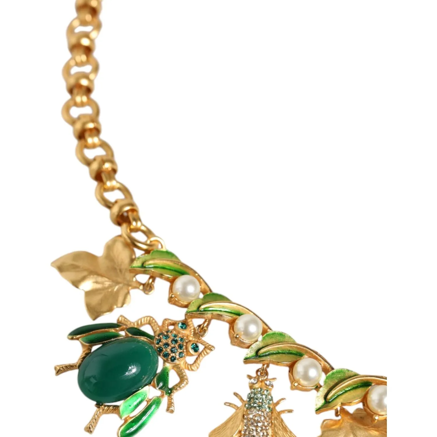 Dolce & Gabbana Gold Brass Crystal Bug Charm Pendant Statement Necklace