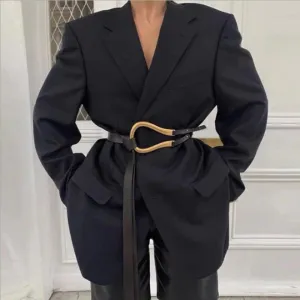 Double Layer Knotted Thin Long Straps U-Shaped Buckle Vegan Leather Waist Belts