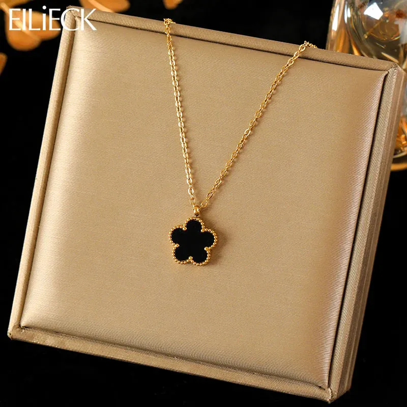 EILIECK 316L Stainless Steel Black Clover Pendant Necklace