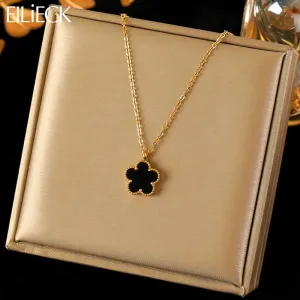 EILIECK 316L Stainless Steel Black Clover Pendant Necklace
