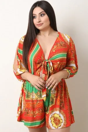 Filigree Print Self Tie Cutout Romper