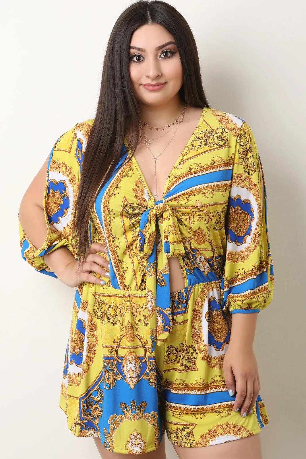 Filigree Print Self Tie Cutout Romper