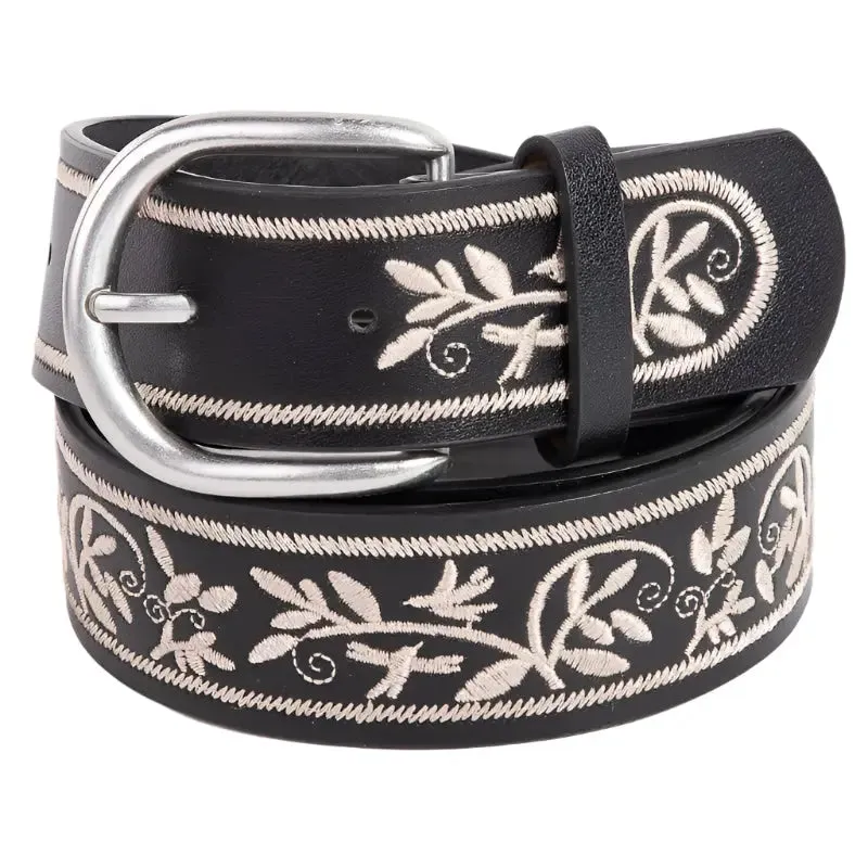 Floral Embroidered Pattern Faux Leather Belt