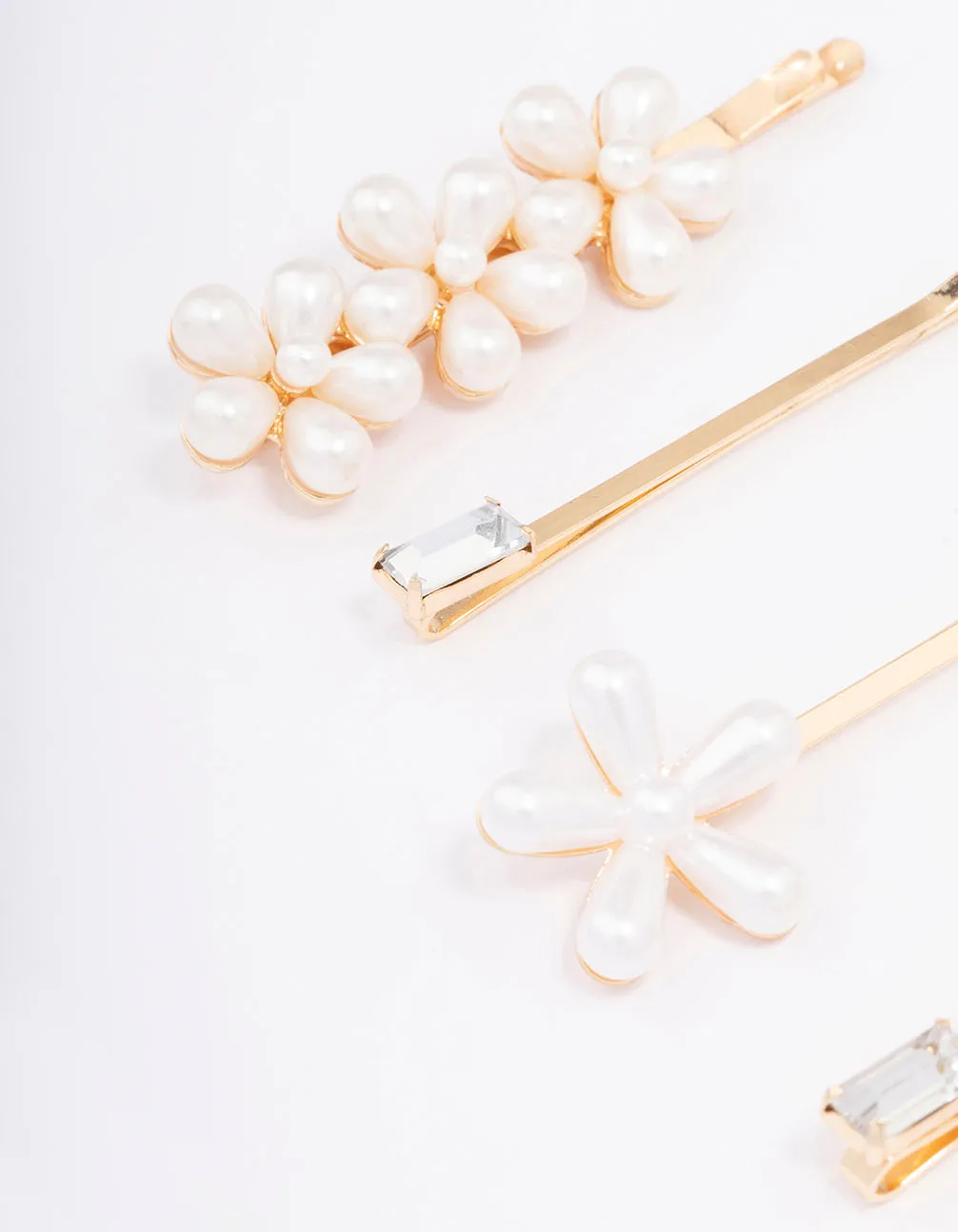 Gold Pearl Diamante Flower Hair Clip 4-Pack
