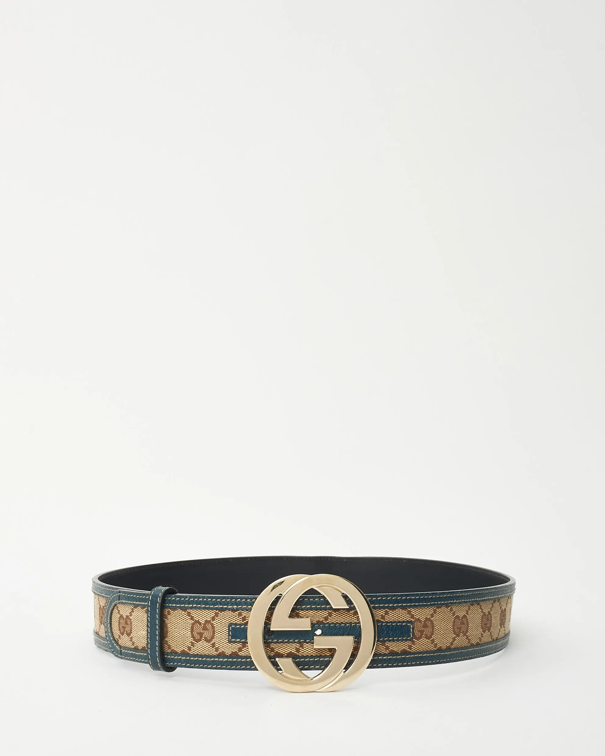 Gucci Brown Monogram Canvas & Blue Trim GG Logo Belt - 85/34