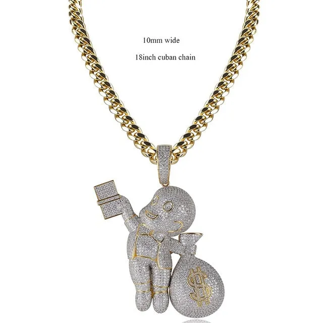 Hip Hop Bling Ice Out AAA CZ Stone Gold Color US Dollar Money Bag Pendants Necklaces for Men Rapper Jewelry