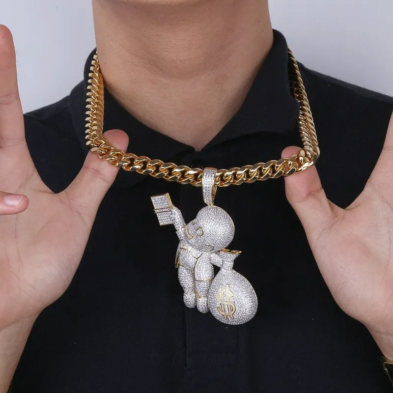 Hip Hop Bling Ice Out AAA CZ Stone Gold Color US Dollar Money Bag Pendants Necklaces for Men Rapper Jewelry