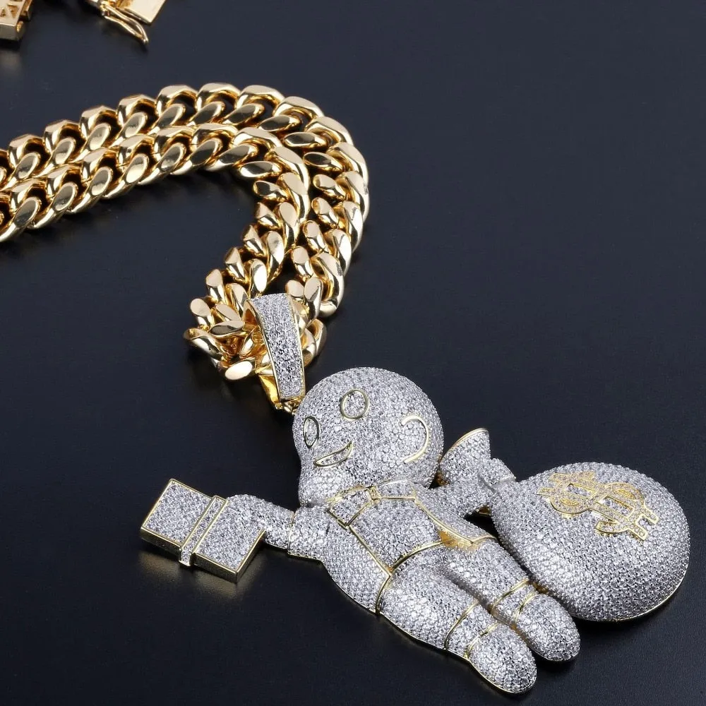 Hip Hop Bling Ice Out AAA CZ Stone Gold Color US Dollar Money Bag Pendants Necklaces for Men Rapper Jewelry