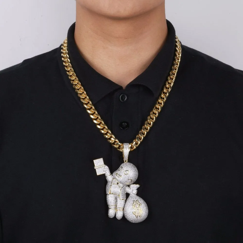 Hip Hop Bling Ice Out AAA CZ Stone Gold Color US Dollar Money Bag Pendants Necklaces for Men Rapper Jewelry