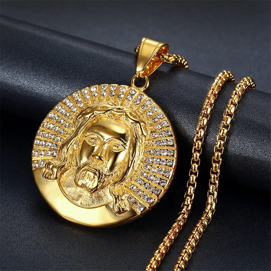 Hip Hop Iced Out Rhinestone Jesus Piece Neck Necklaces Pendants Gold Color Stainless Steel Chain For Men Christian Jewelry