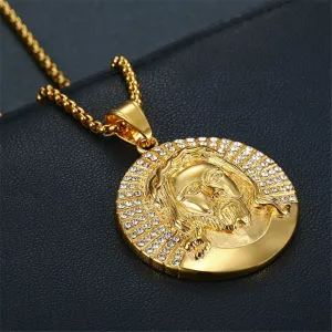 Hip Hop Iced Out Rhinestone Jesus Piece Neck Necklaces Pendants Gold Color Stainless Steel Chain For Men Christian Jewelry