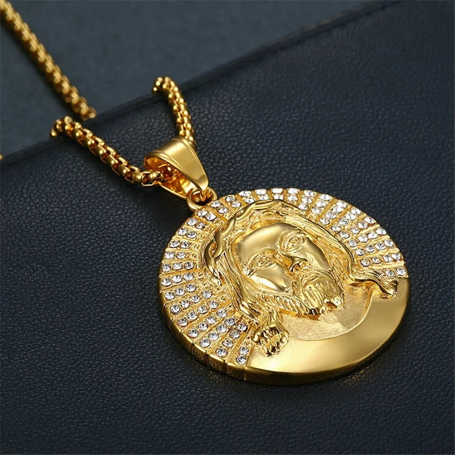 Hip Hop Iced Out Rhinestone Jesus Piece Neck Necklaces Pendants Gold Color Stainless Steel Chain For Men Christian Jewelry