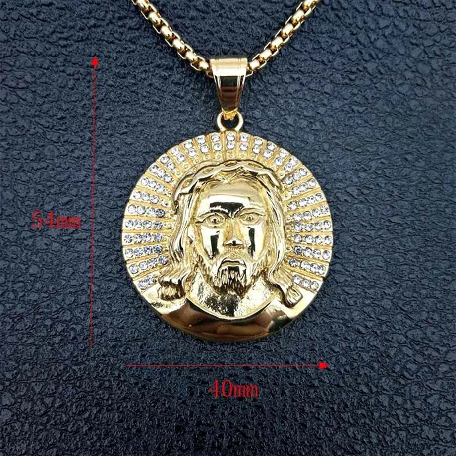 Hip Hop Iced Out Rhinestone Jesus Piece Neck Necklaces Pendants Gold Color Stainless Steel Chain For Men Christian Jewelry