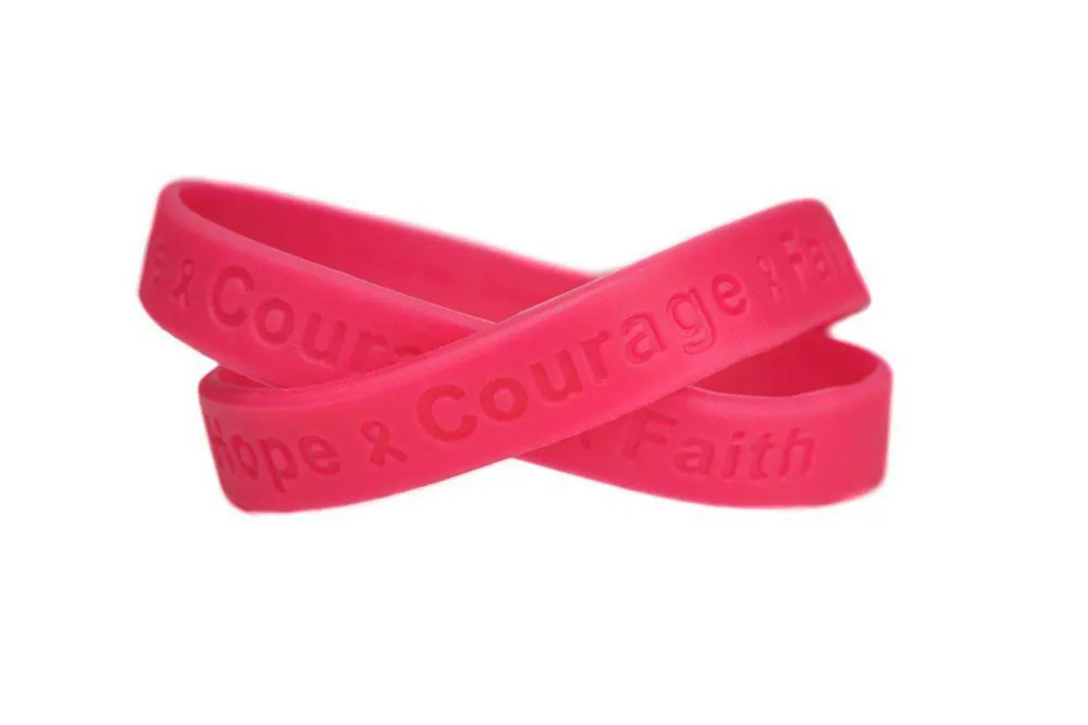 Hope Courage Faith Hot Pink Rubber Bracelet Wristband - Youth 7"