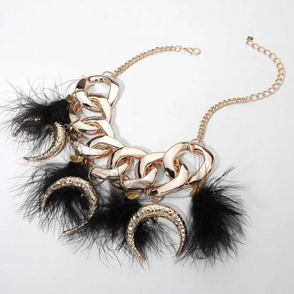 iLLASPARKZ Chunky Metal Chain Link Hammered Crescent Feather Charm Bib Statement Necklace