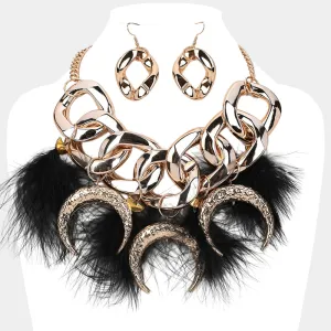 iLLASPARKZ Chunky Metal Chain Link Hammered Crescent Feather Charm Bib Statement Necklace
