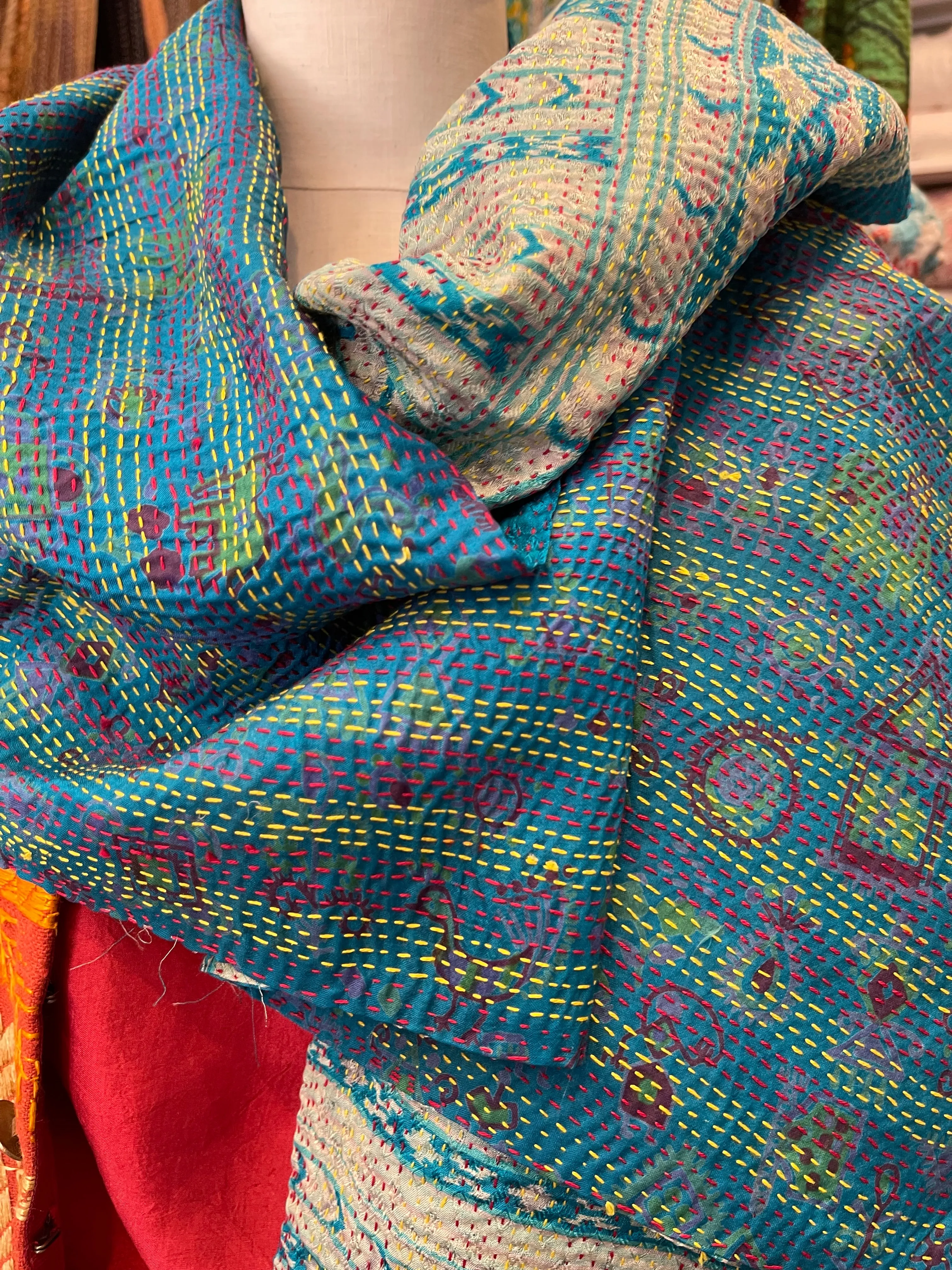 Kantha Silk Muffler - Linear Sea