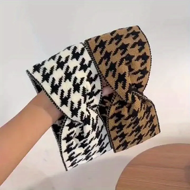 Knitted Houndstooth Wide Headbands - 3pcs
