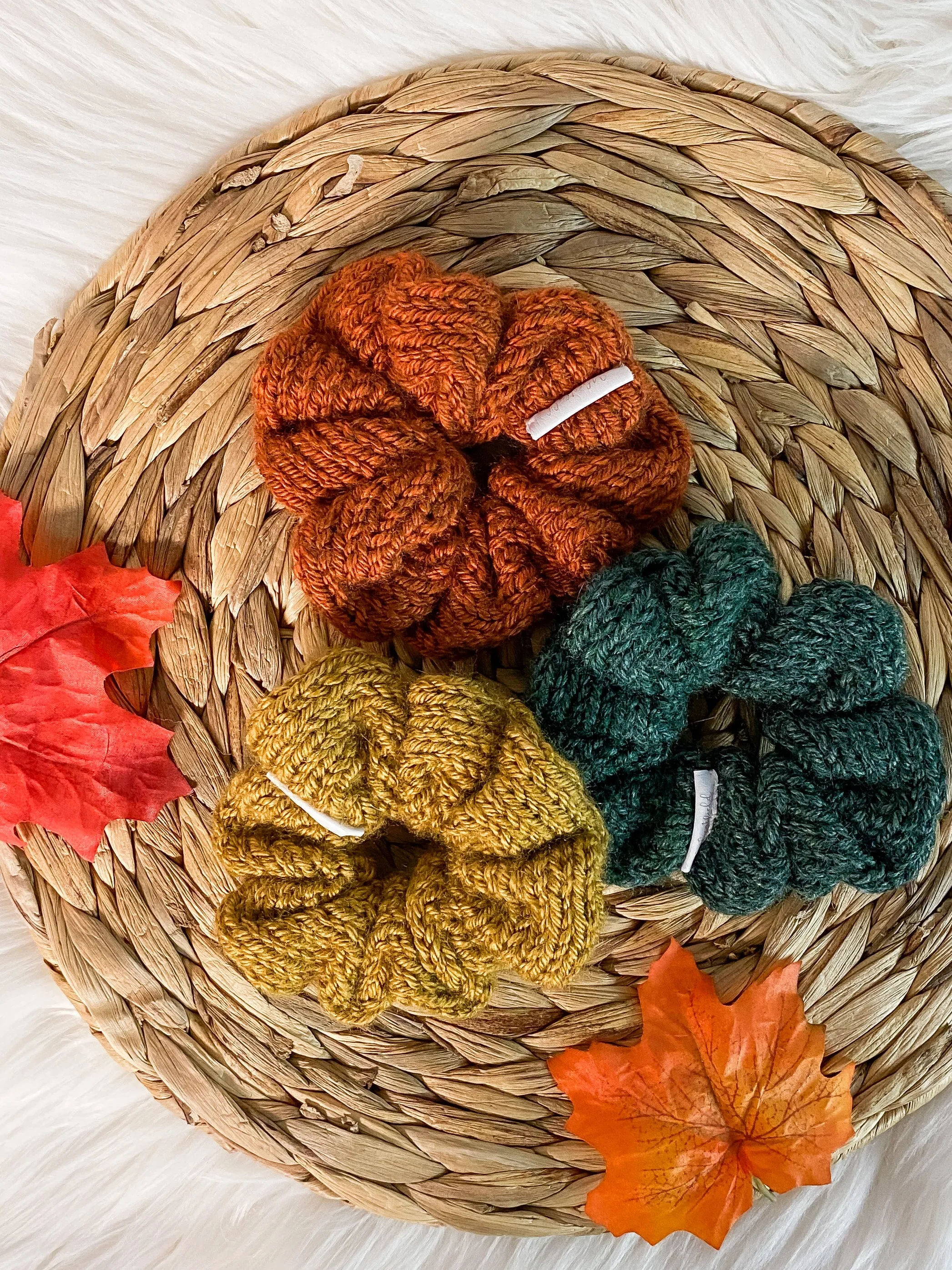 Knitted Scrunchies for Women - Fall Colors - Mustard | Pumpkin | Forest