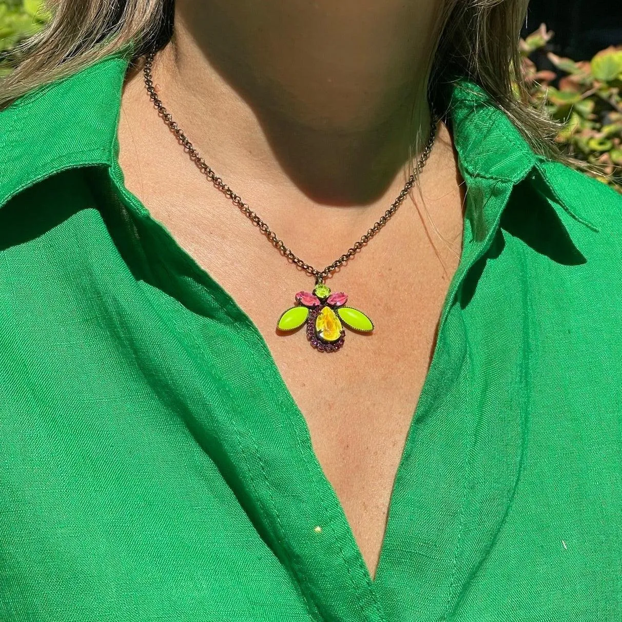 Lime & Pink Glass Beetle Pendant Necklace