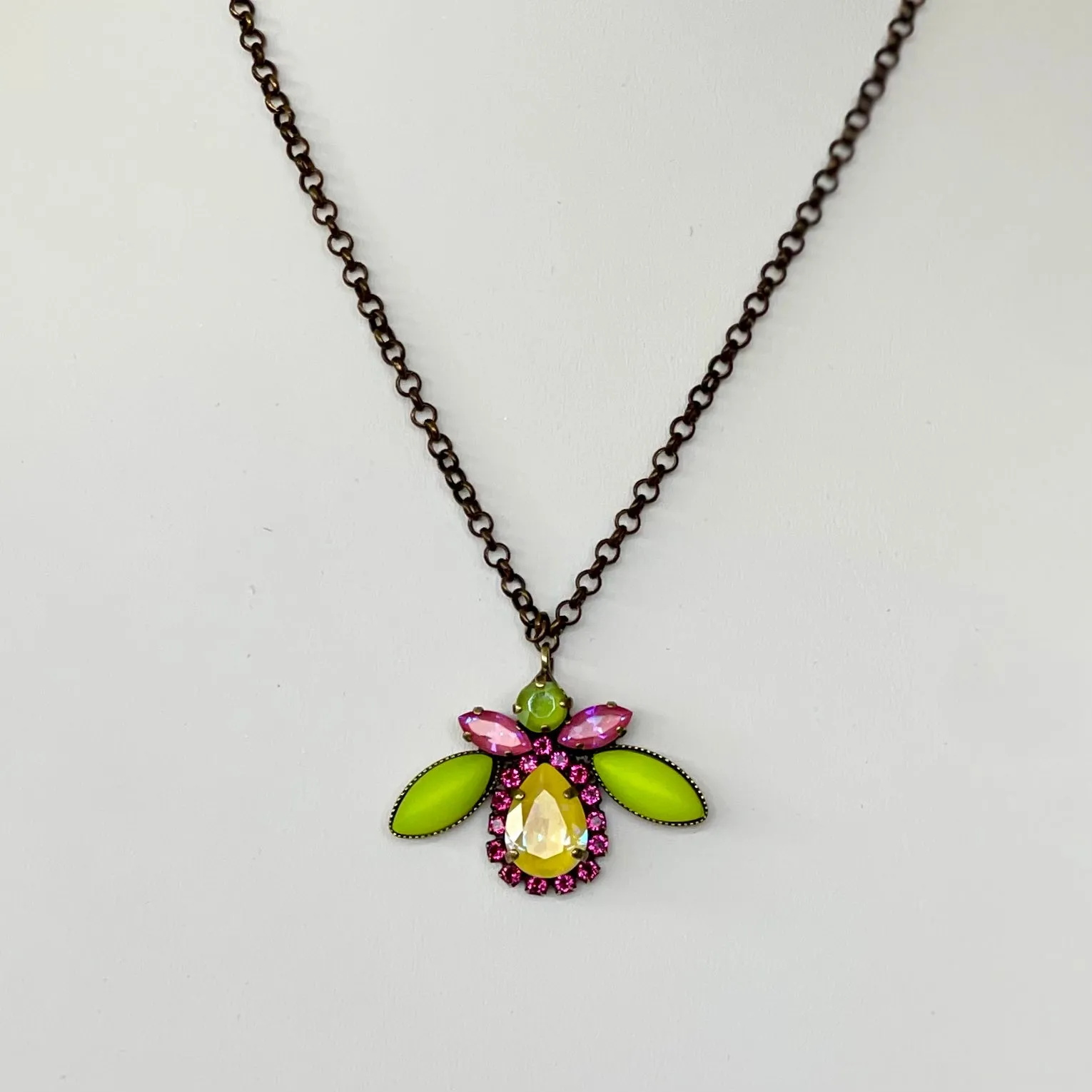 Lime & Pink Glass Beetle Pendant Necklace
