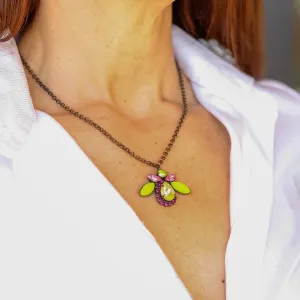 Lime & Pink Glass Beetle Pendant Necklace