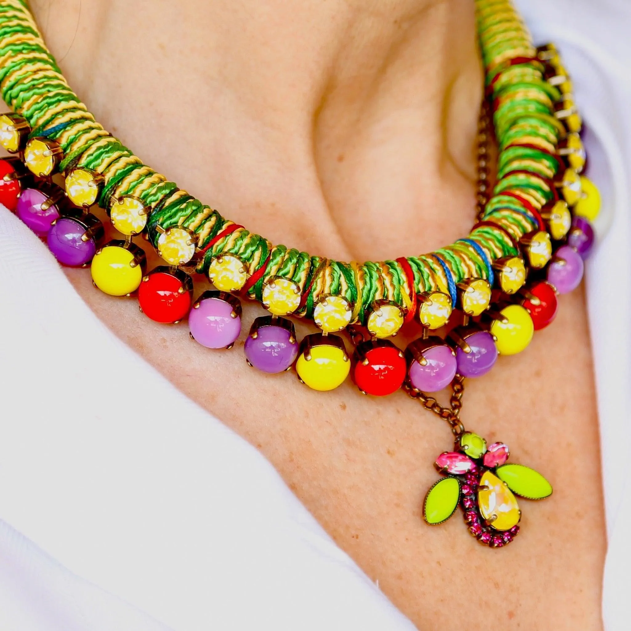Lime & Pink Glass Beetle Pendant Necklace