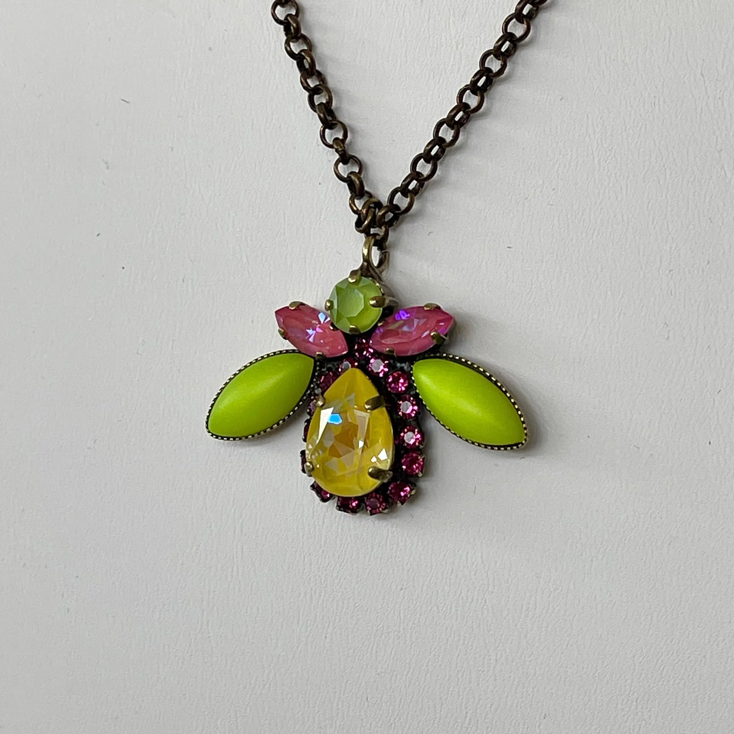 Lime & Pink Glass Beetle Pendant Necklace