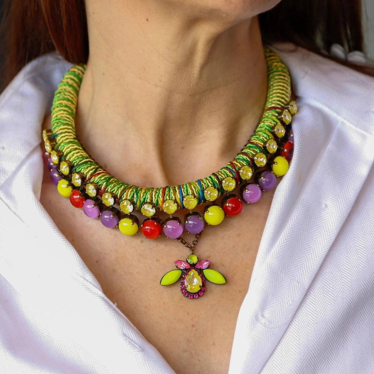 Lime & Pink Glass Beetle Pendant Necklace