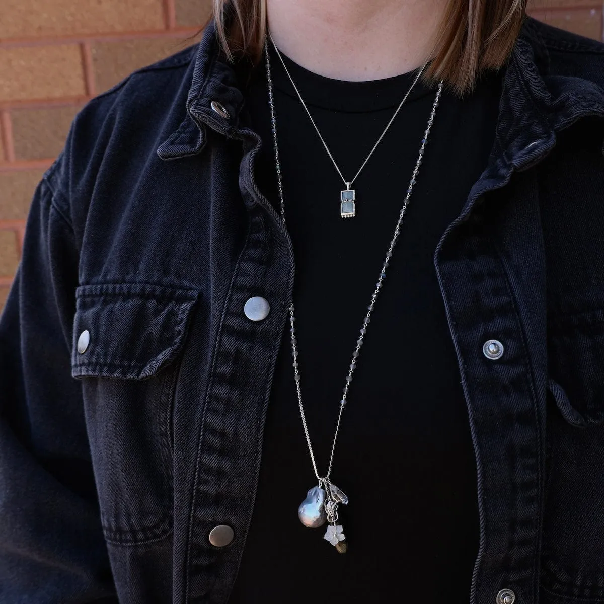 Long Labradorite & Pearl Charm Necklace