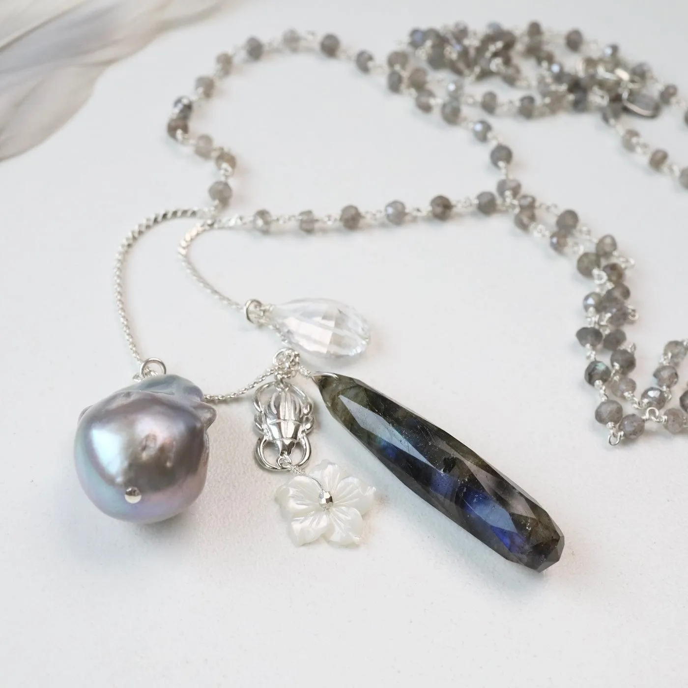 Long Labradorite & Pearl Charm Necklace