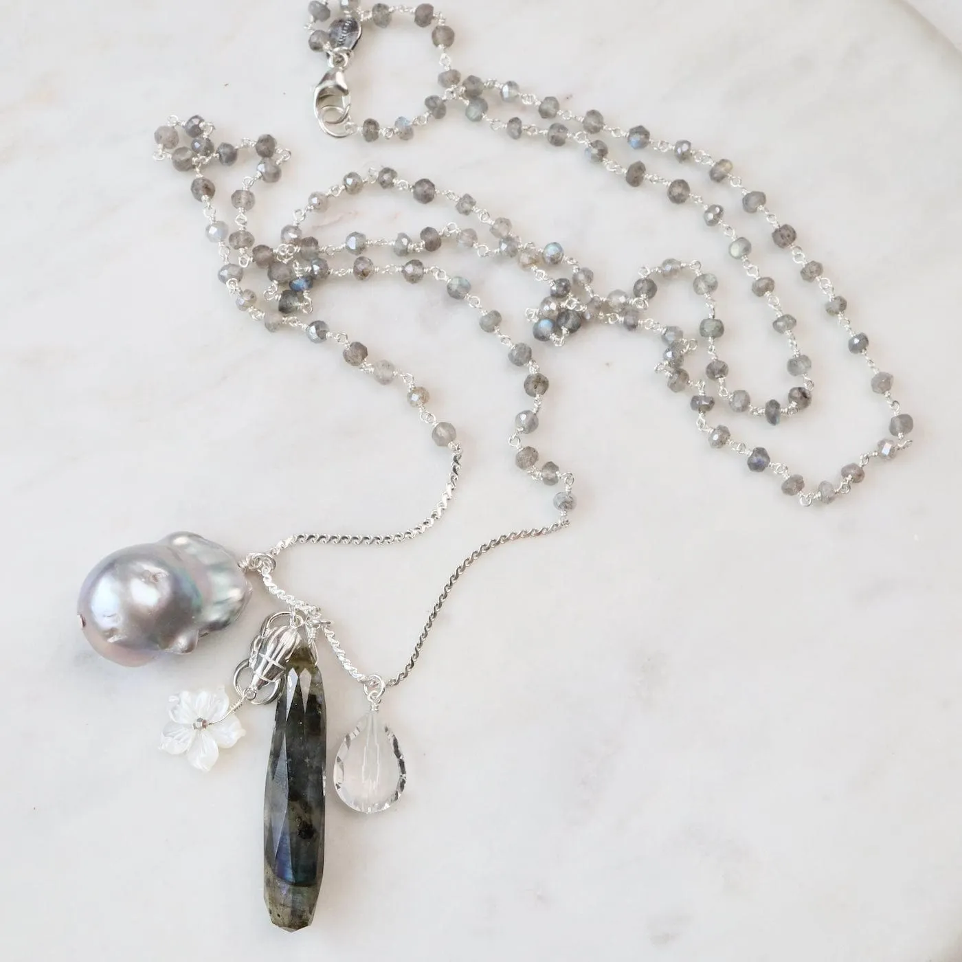 Long Labradorite & Pearl Charm Necklace