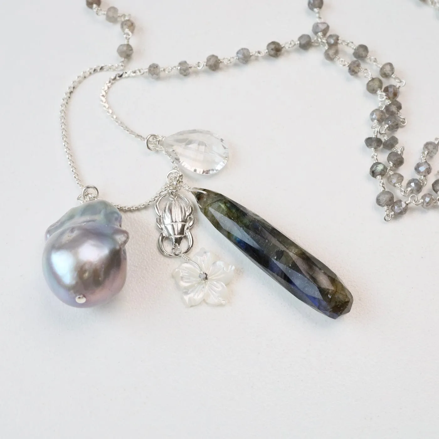 Long Labradorite & Pearl Charm Necklace