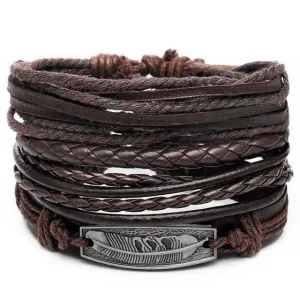 Mens Brown Wristbands Feather Multi-Layered Braided
