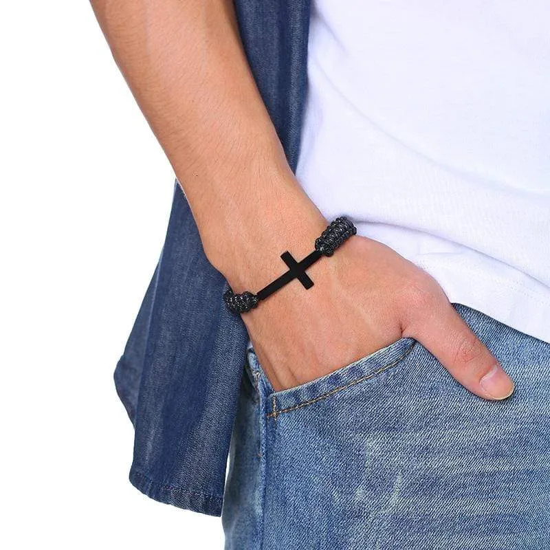 Men's Cross Bracelet <br> Black Rope