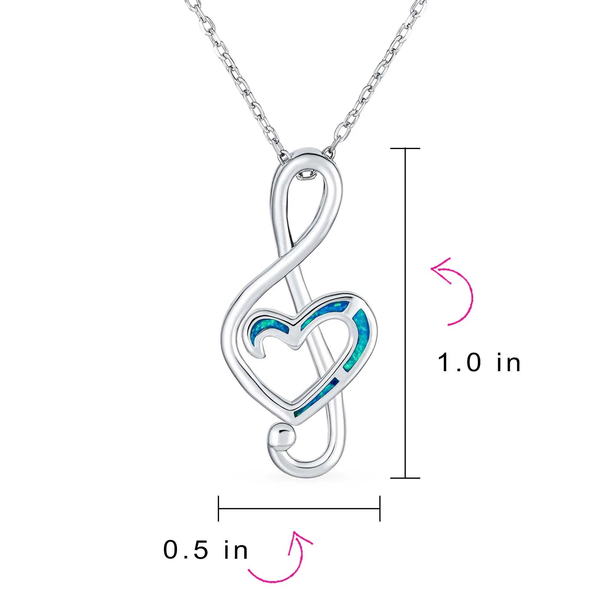 Musical Blue Opal Heart Treble Clef Pendant Necklace in Sterling Silver