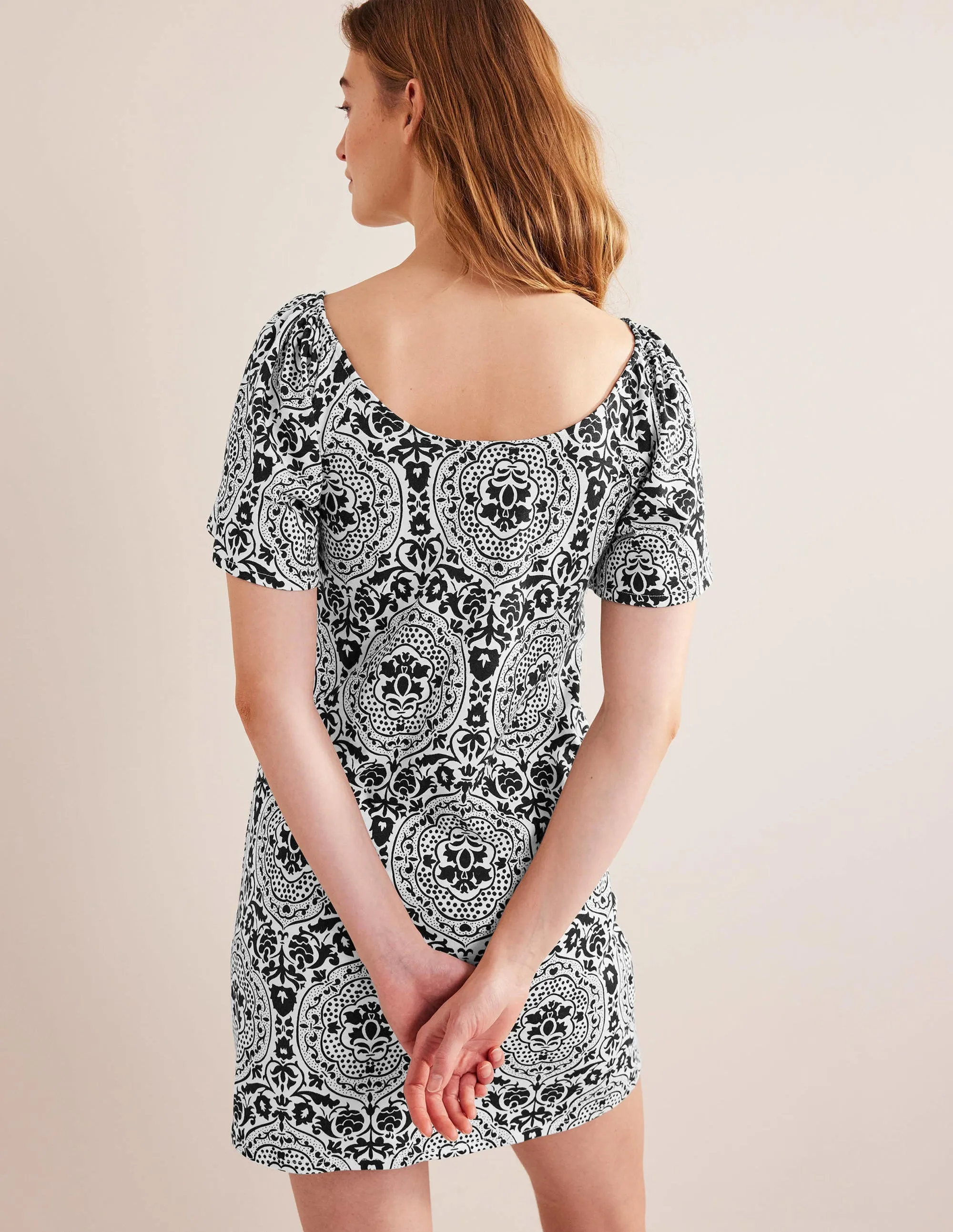 Scoop Neck Jersey Mini Dress-Black, Exotic Tile