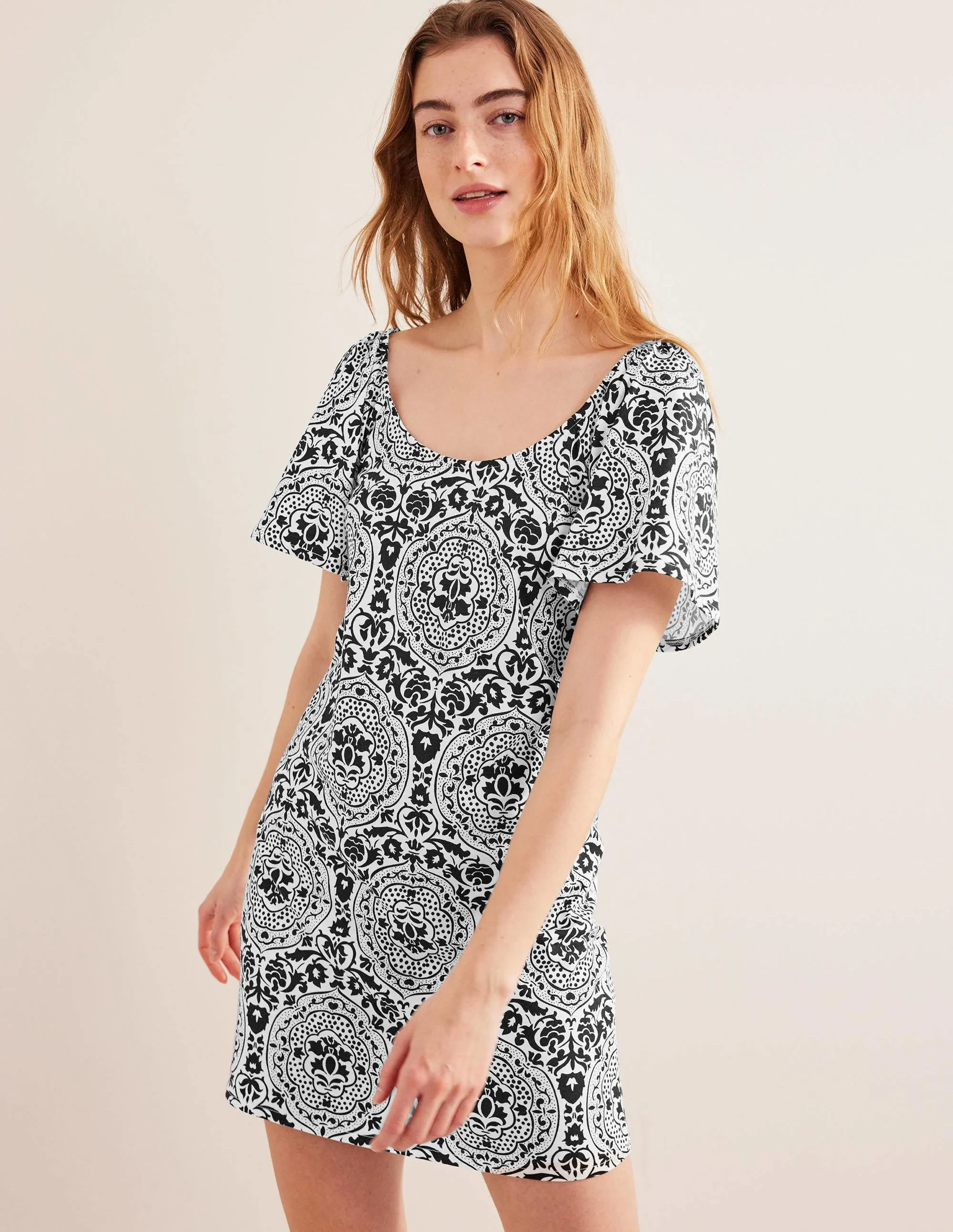 Scoop Neck Jersey Mini Dress-Black, Exotic Tile