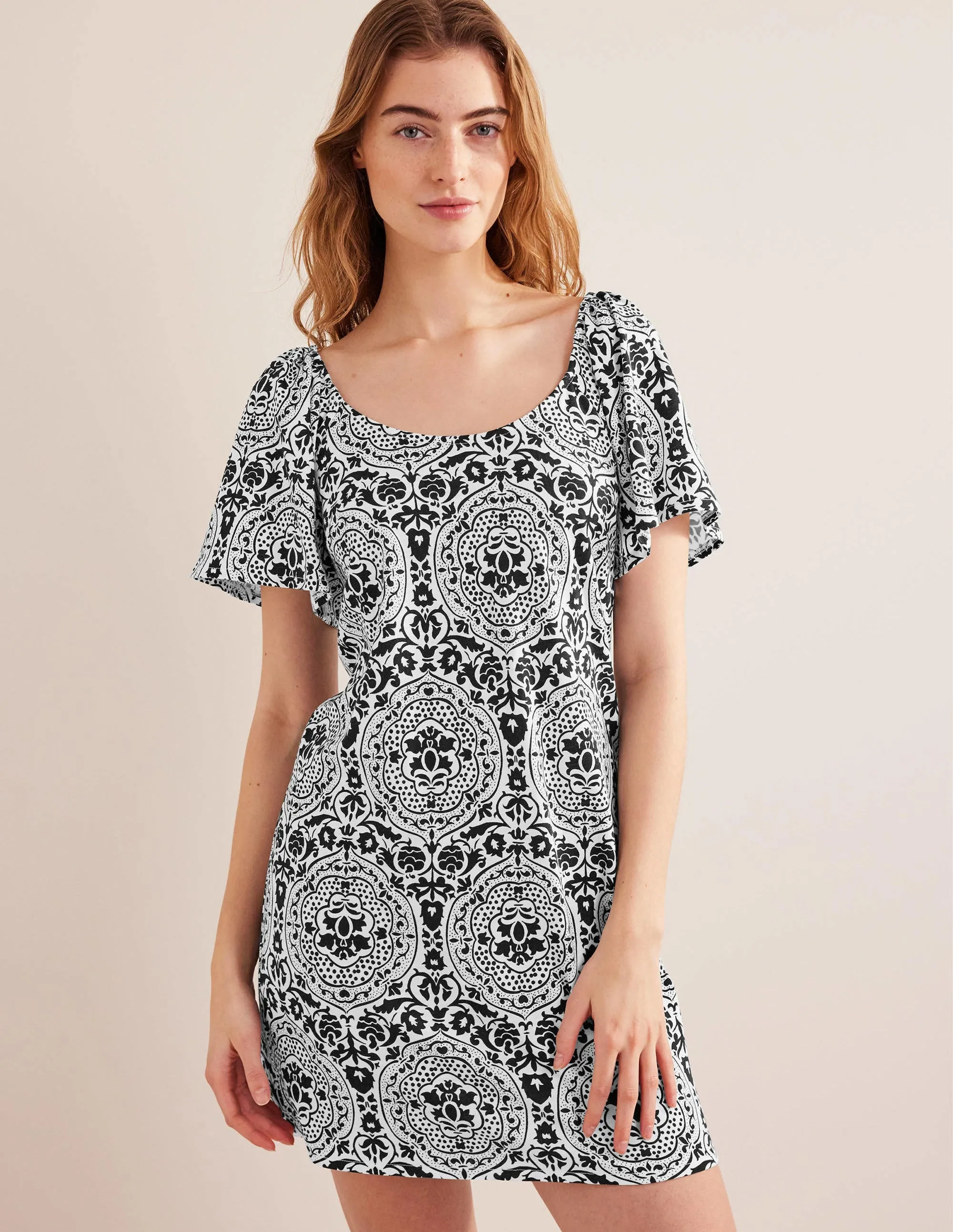 Scoop Neck Jersey Mini Dress-Black, Exotic Tile