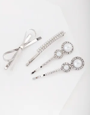 Silver Mismatch Pearl Bow Clip 4 Pack