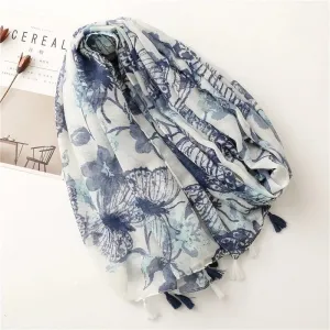 Simple Fashion Scarf Ladies Rendering Ink Painting Blue Butterfly Tassel Scarf Shawl