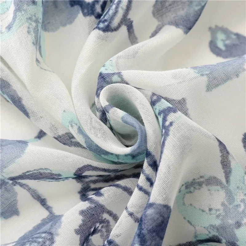 Simple Fashion Scarf Ladies Rendering Ink Painting Blue Butterfly Tassel Scarf Shawl
