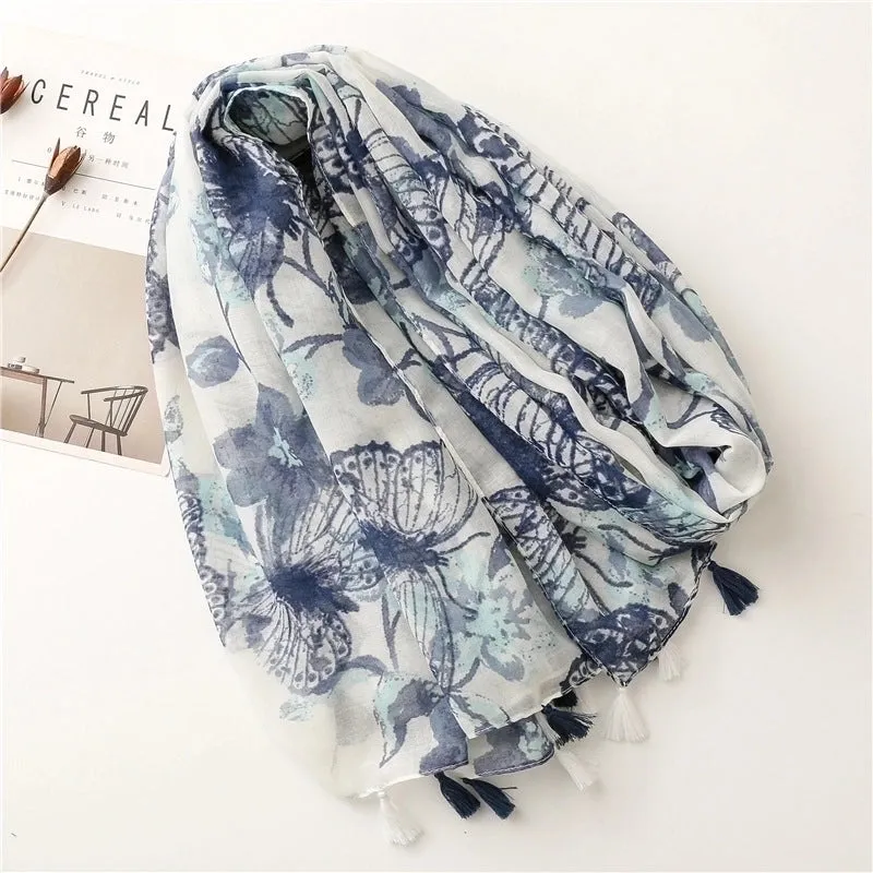 Simple Fashion Scarf Ladies Rendering Ink Painting Blue Butterfly Tassel Scarf Shawl