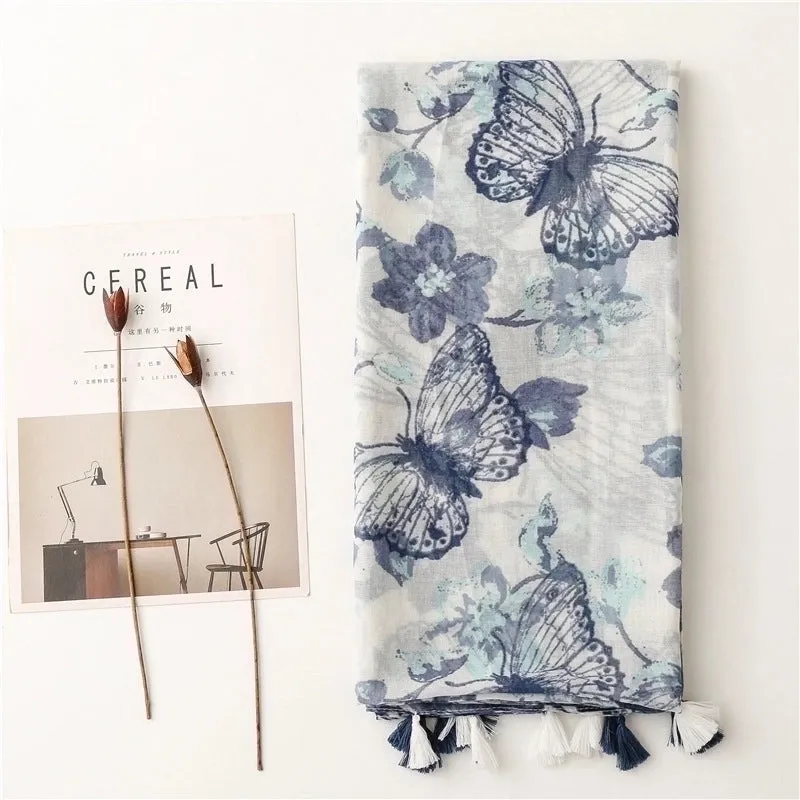 Simple Fashion Scarf Ladies Rendering Ink Painting Blue Butterfly Tassel Scarf Shawl