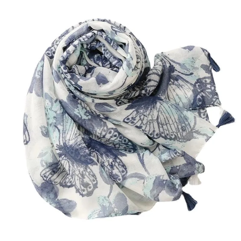 Simple Fashion Scarf Ladies Rendering Ink Painting Blue Butterfly Tassel Scarf Shawl