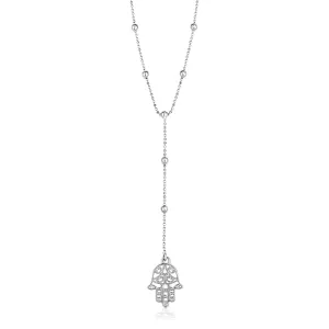 Size: 17'' - Sterling Silver Lariat Necklace with Hand of Hamsa Symbol