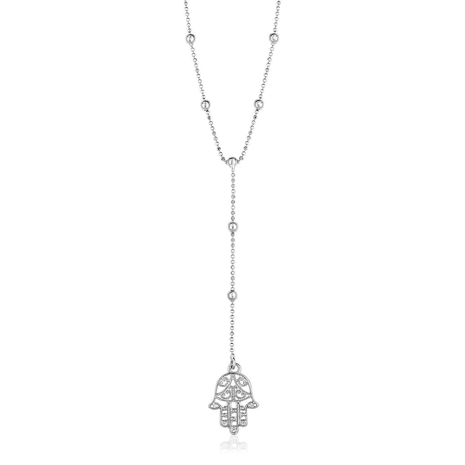 Size: 17'' - Sterling Silver Lariat Necklace with Hand of Hamsa Symbol