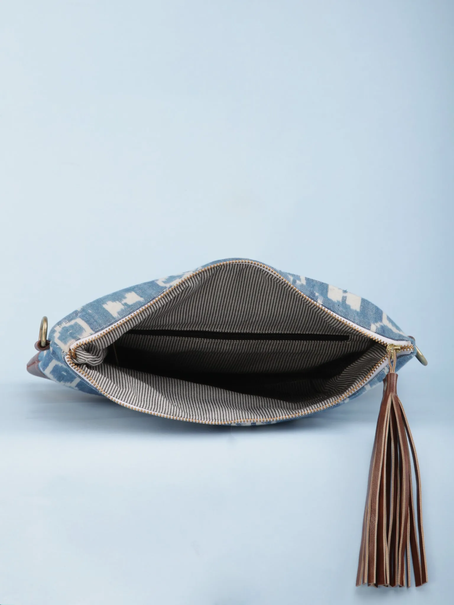Sky Blue OffWhite Ikat & Vegan Leather Sling Bag - B1201